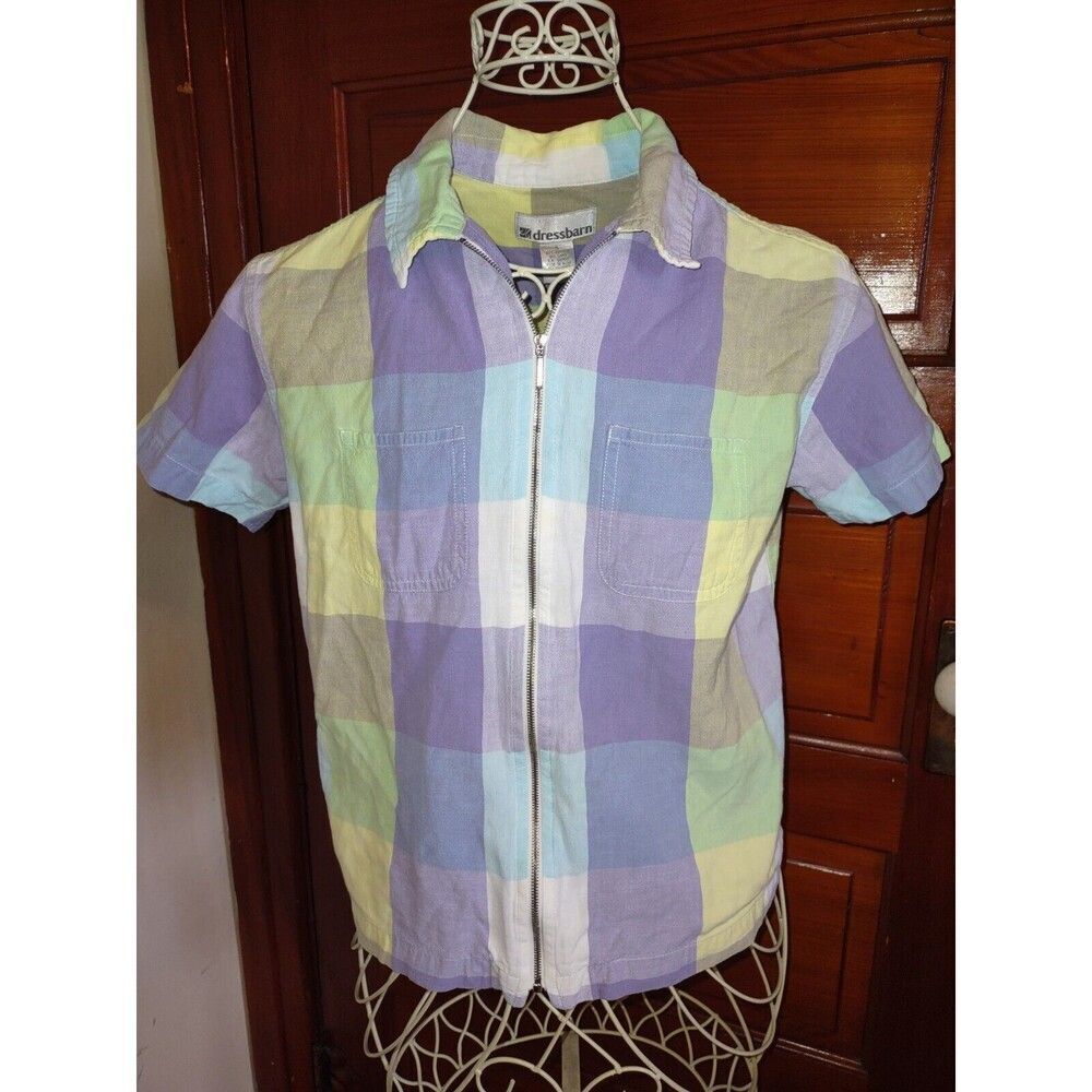 Sz Sm Lavender Green Yellow Plaid Zipper Front Jacket Blazer Top Pockets